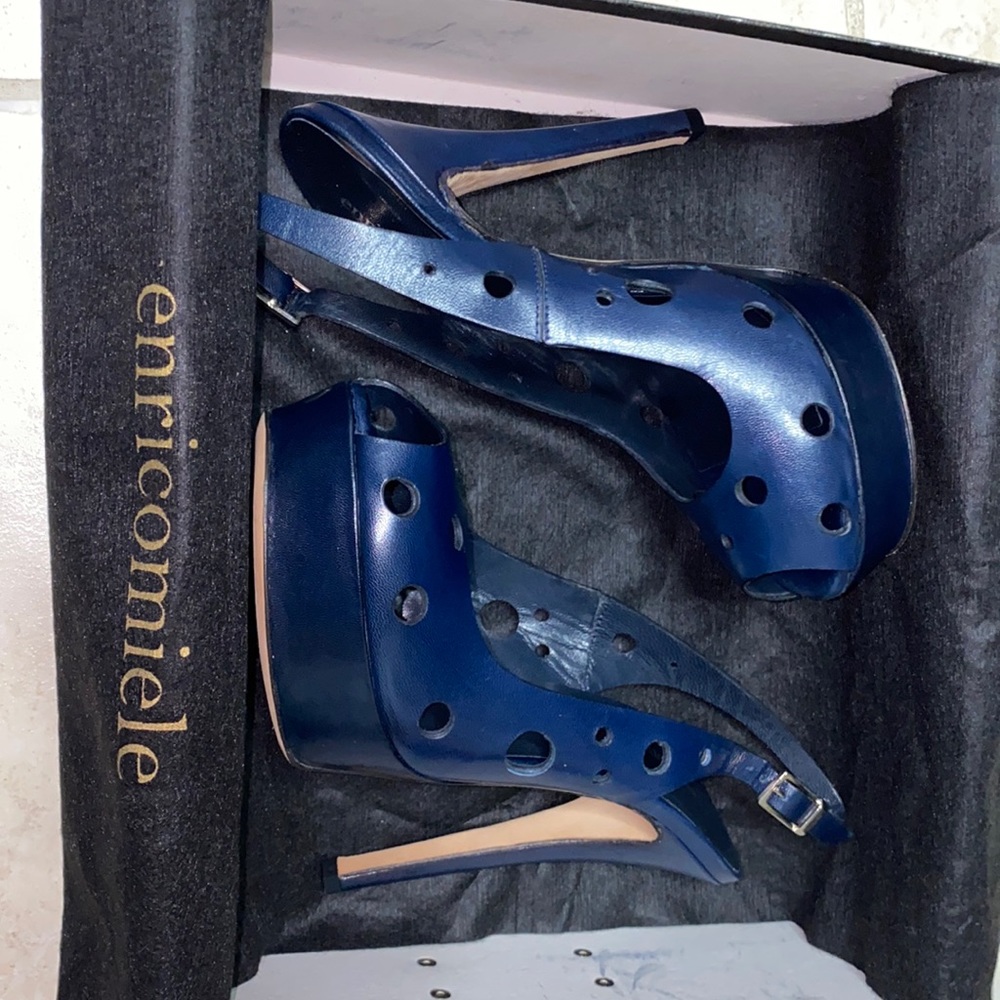 Enrico Miele Navy Blue Leather Sling Back Heels